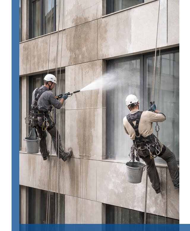 Послестроительная мойка фасада промышленным альпинизмом в Северске