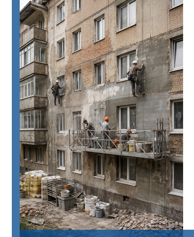 Капитальный ремонт фасада в Северске с восстановлением и гидроизоляцией