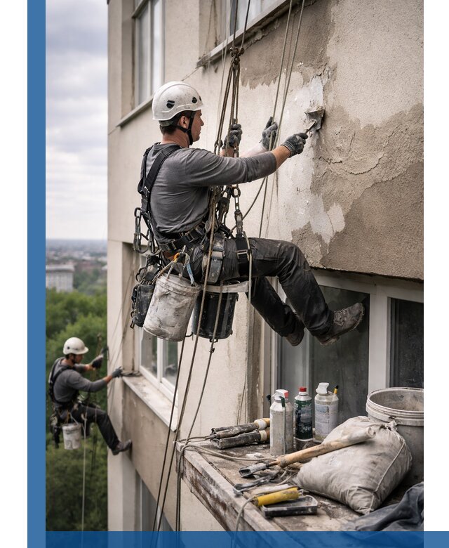 Косметический ремонт фасада зданий в Северске промышленными альпинистами