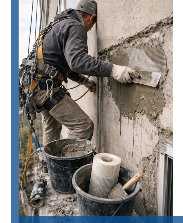 Ремонт бетонных элементов фасада промышленными альпинистами в Северске