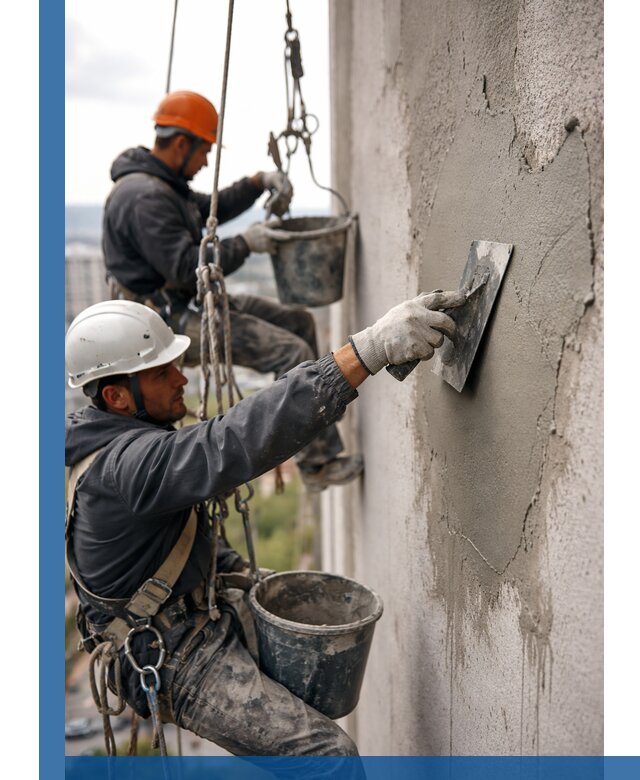 Штукатурка фасада на высоте в Северске профессиональные работы