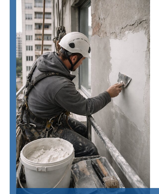 Шпаклевка фасадов на высоте с промальпинистами в Северске