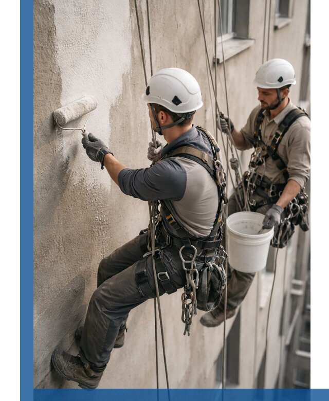 Грунтовка фасада на высоте в Северске промышленными альпинистами