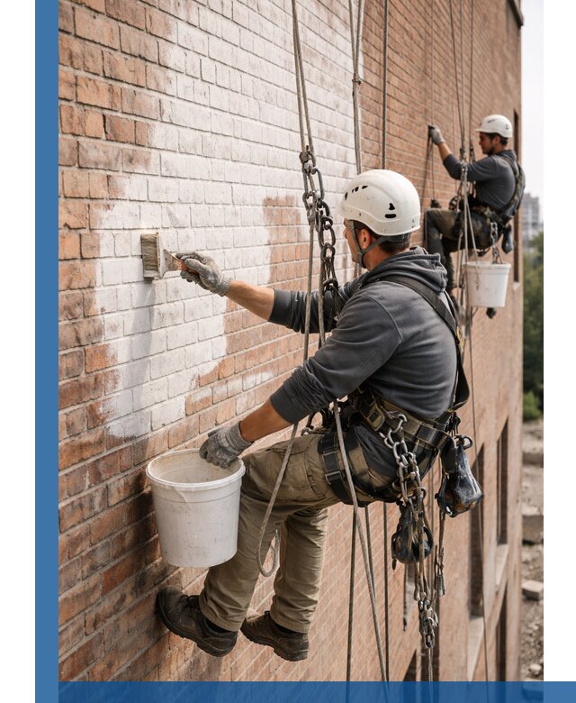 Покраска кирпичного фасада с доступным альпинистским сервисом в Северске