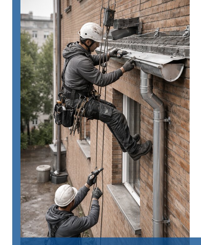 Монтаж водосточной системы на здании в Северске под ключ