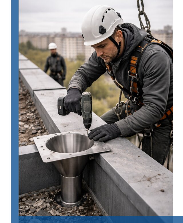 Монтаж водосточных воронок в Северске для промышленных зданий