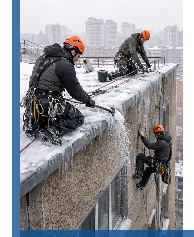 Удаление наледи с кровли в Северске промышленными альпинистами