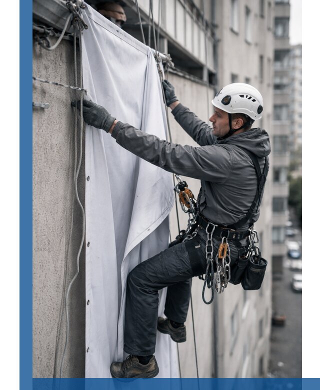 Замена баннерного полотна промышленными альпинистами в Северске