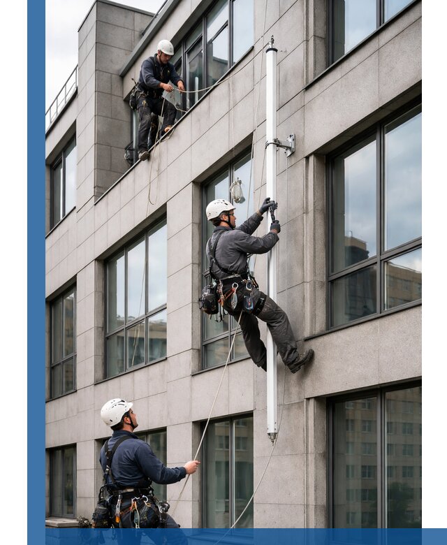 Монтаж флагштока на фасаде здания с креплением и герметикой в Северске