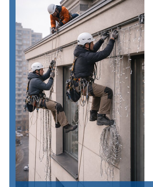 Монтаж праздничных гирлянд на фасаде в Северске для зданий