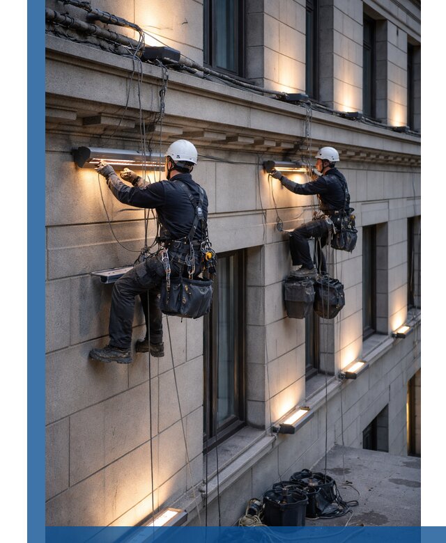 Монтаж архитектурной подсветки фасадов зданий в Северске