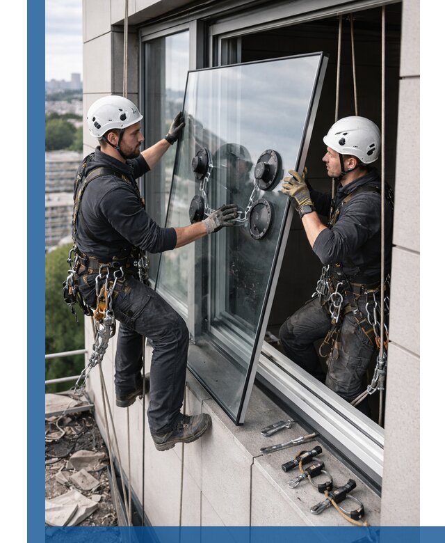 Замена стеклопакетов на высоте с промышленными альпинистами в Северске