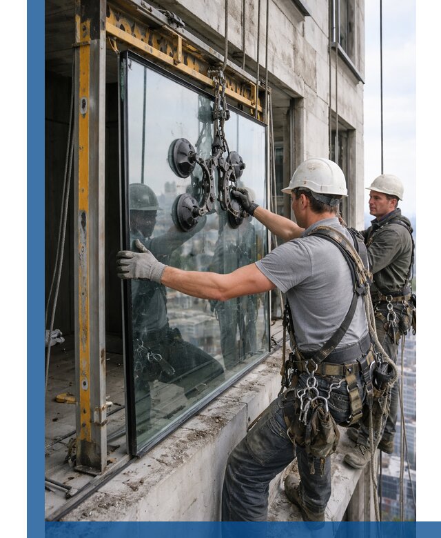 Монтаж стеклопакетов на высоте в Северске с промышленным альпинизмом