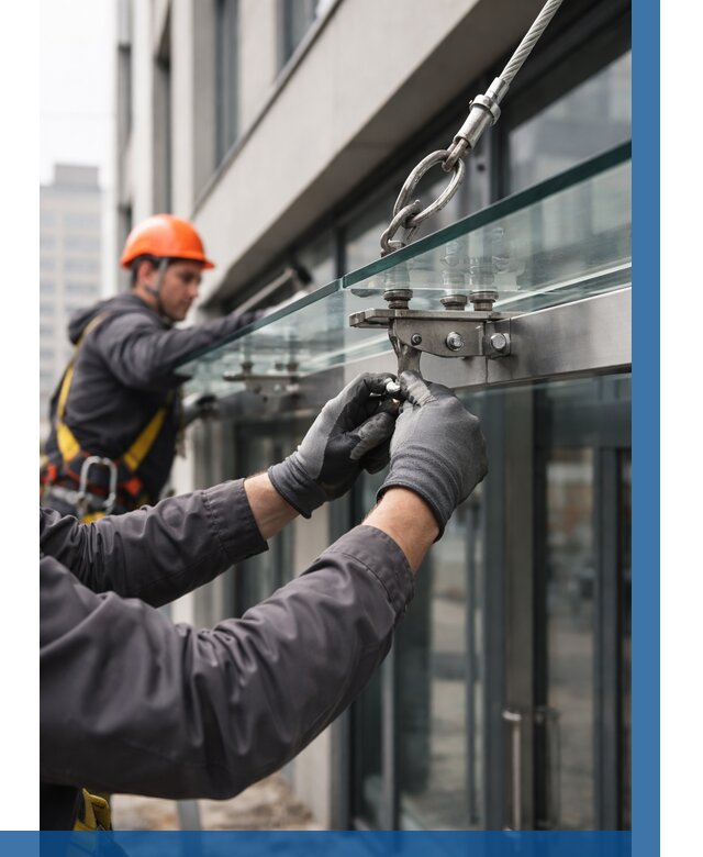 Монтаж стеклянных козырьков в Северске от 8836 р. | ВЫСОТНИК-Свк