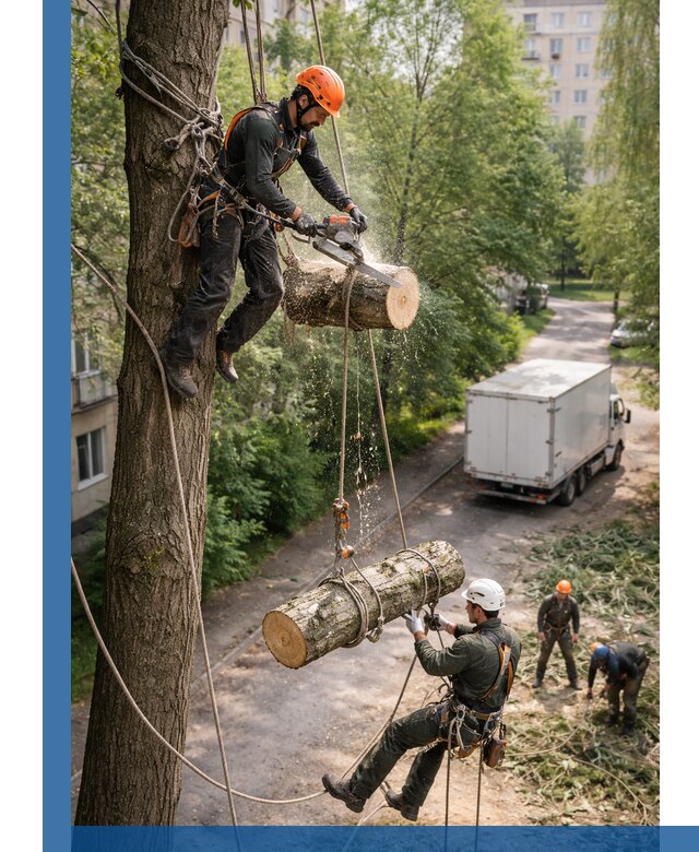 Спил деревьев альпинистами в Северске, безопасно и без повреждений