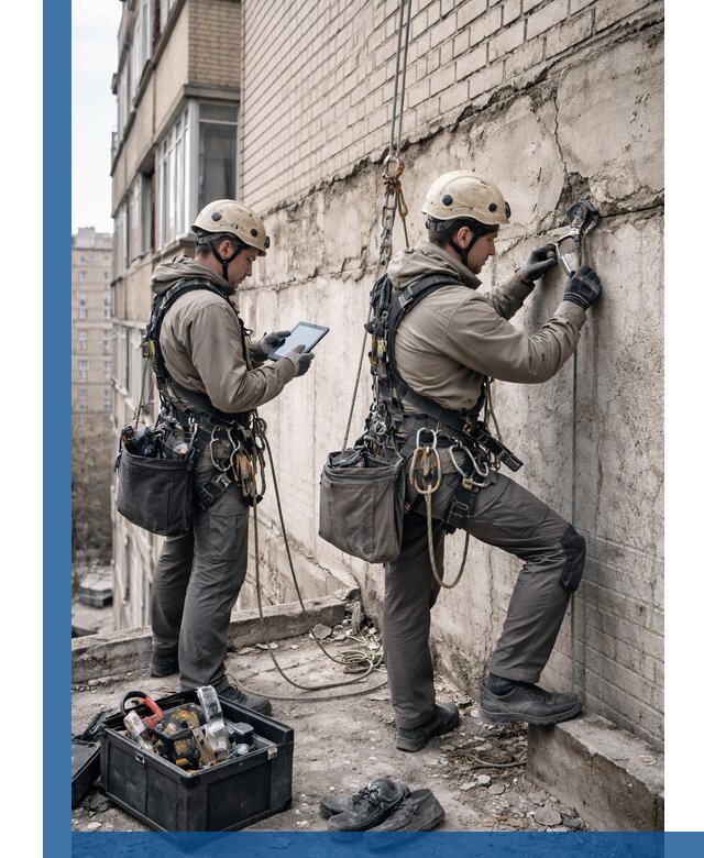 Обследование фасада промышленными альпинистами в Северске